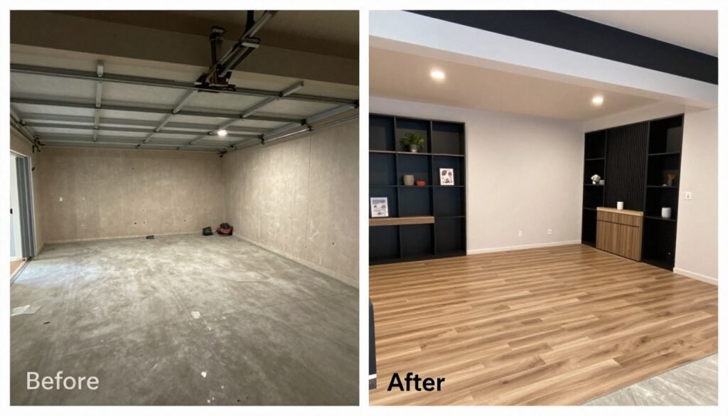 Before and after transformation of a garage interior design project