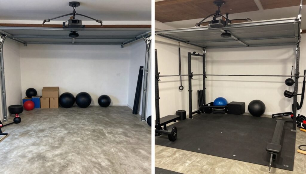 Before and after transformation of a garage into a home gym