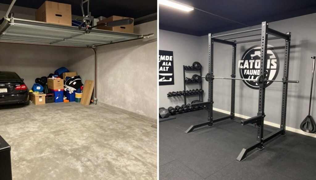 Before and after transformation of a garage into a home gym