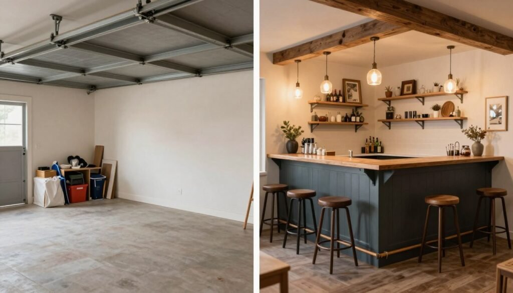 Before and after transformation of a garage into a stylish home bar