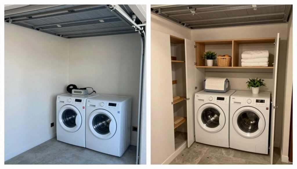 Before and after transformation of a garage laundry area