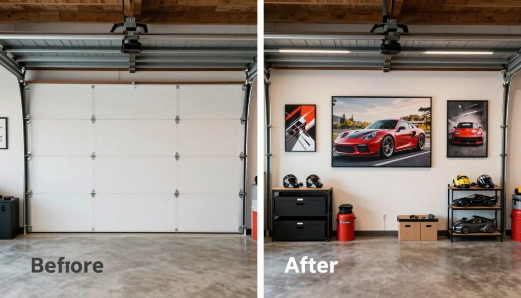 Before and after transformation of a garage space with thoughtfully selected automotive art Before and after transformation of a garage space with thoughtfully selected automotive art