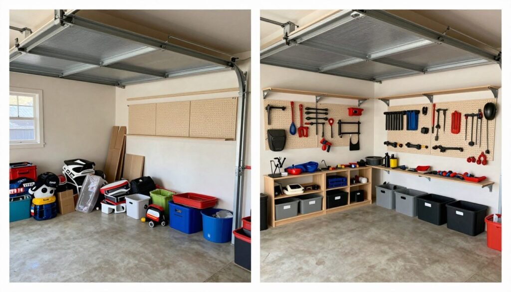 Before and after transformation of a garage using DIY storage solutions showing dramatic improvement in organization