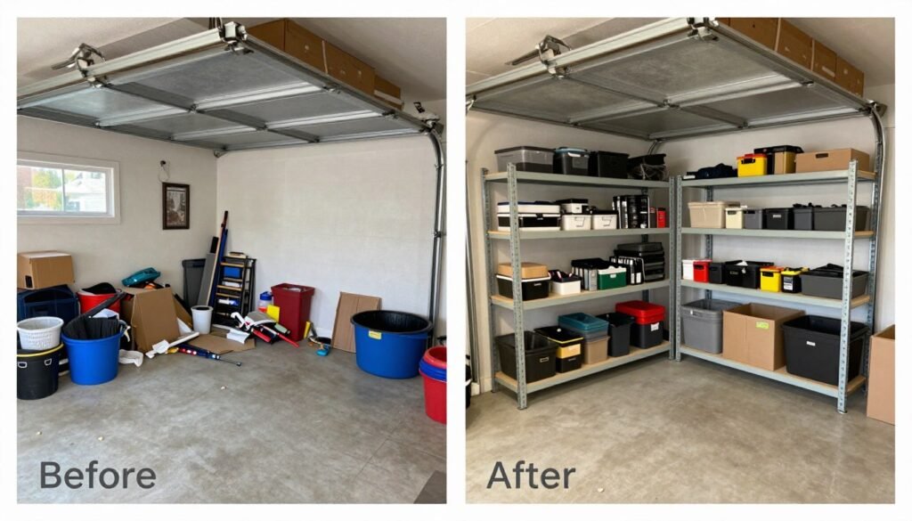 Before and after transformation of a garage using effective shelving systems