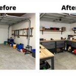Before and after transformation of a garage workshop organization project showing dramatic improvement in storage and workflow