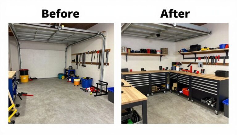 Before and after transformation of a garage workshop organization project showing dramatic improvement in storage and workflow