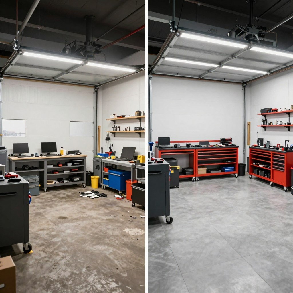 Before and after transformation of a mechanic garage