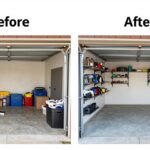 Before and after transformation of an organized two car garage with labeled zones, wall storage systems, and clear floor space for parking