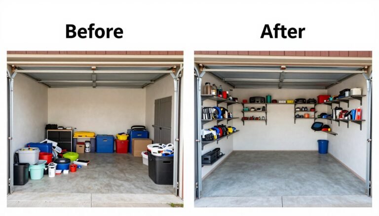 Before and after transformation of an organized two car garage with labeled zones, wall storage systems, and clear floor space for parking