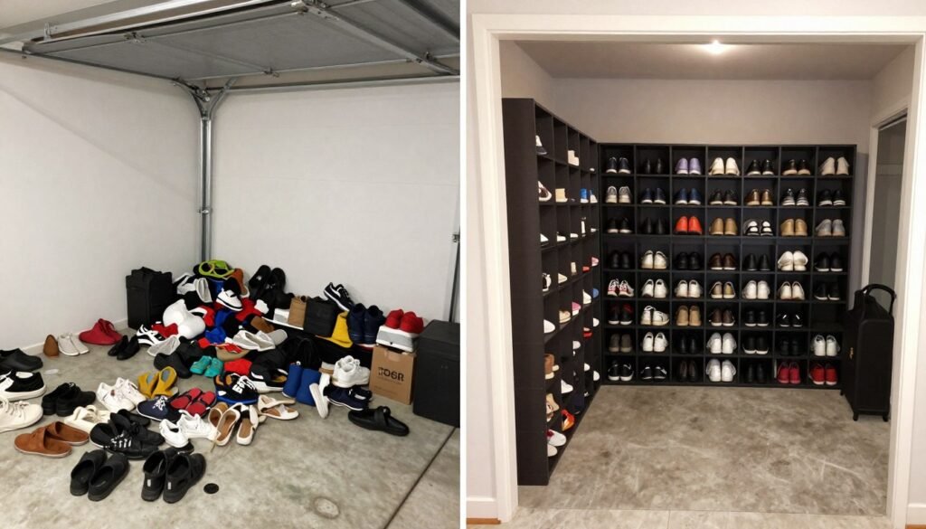 Before and after transformation of garage shoe storage showing organized, functional space