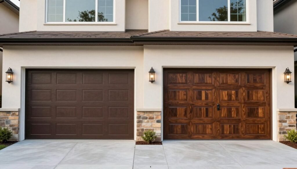 Before and after transformation showing dramatic garage door upgrade on a residential home
