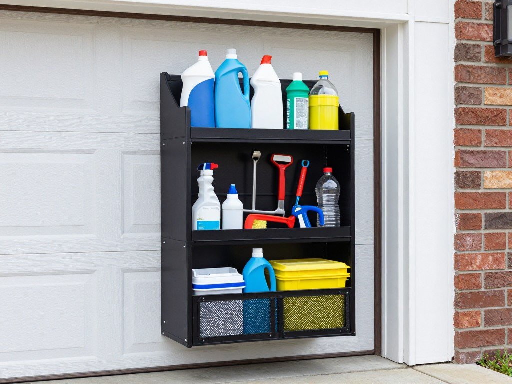Behind-the-door shelving system holding cleaning supplies and small tools Behind-the-door shelving system holding cleaning supplies and small tools