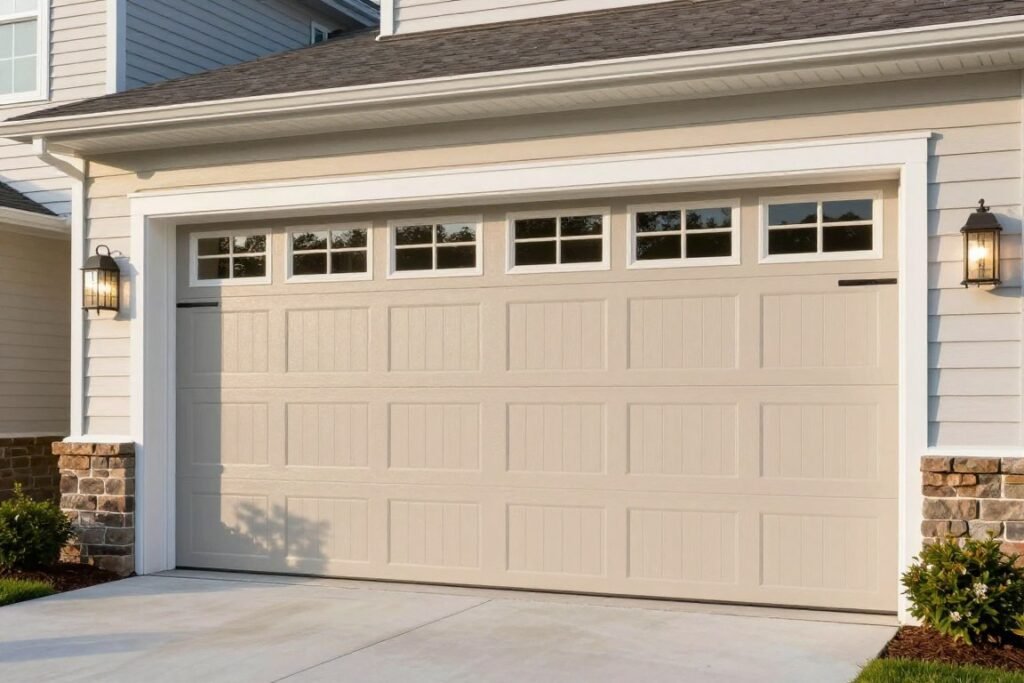 Beige raised panel garage doors with small windows on a colonial style home