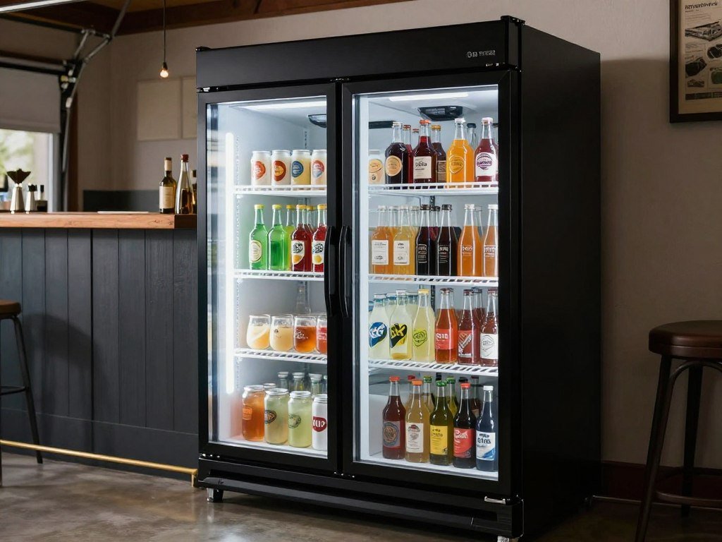Beverage refrigerator with glass door in a garage man cave bar area