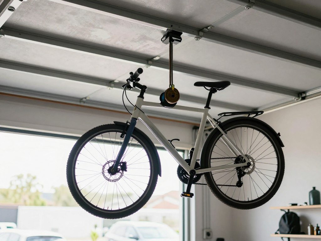 Bicycle hanging from ceiling with pulley system