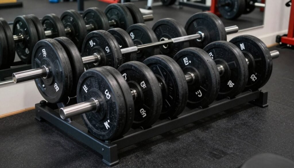 Black Olympic barbell with matching black weight plates