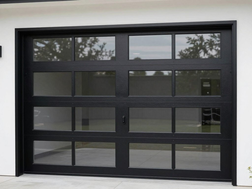 Black aluminum and glass contemporary garage door