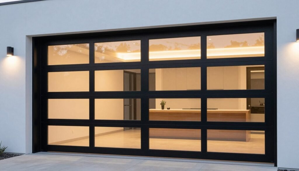 Black aluminum full-view garage door with glass panels on modern home