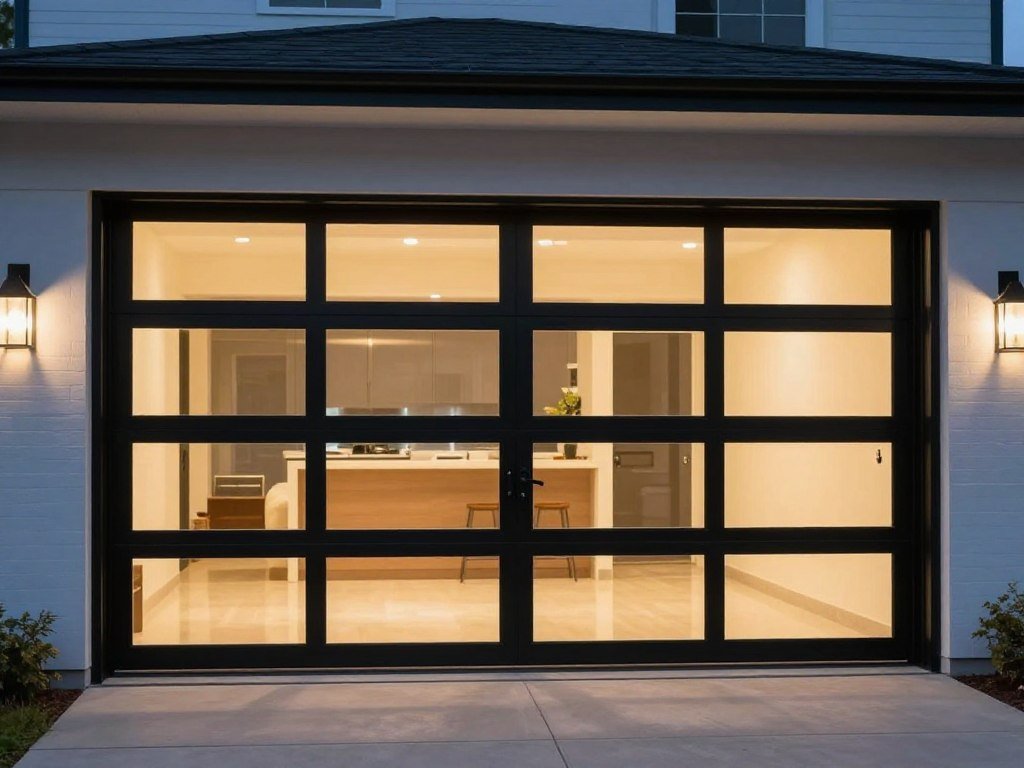 Black-framed garage door with glass panels on modern home at dusk