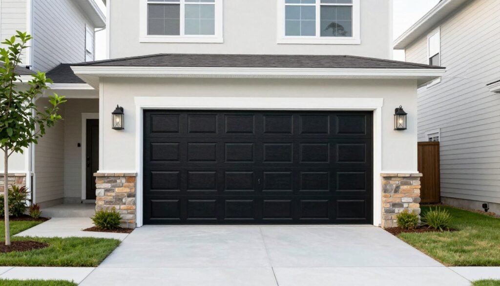 Black garage door creating dramatic contrast against light-colored home exterior