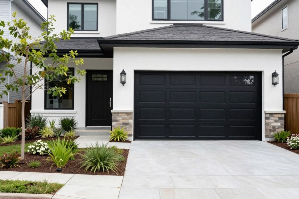 Black garage door on contemporary home with landscaping showing the dramatic curb appeal effect