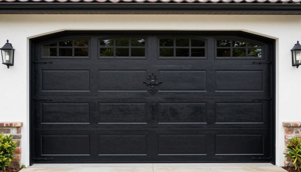 Black garage door with arched windows and decorative hardware