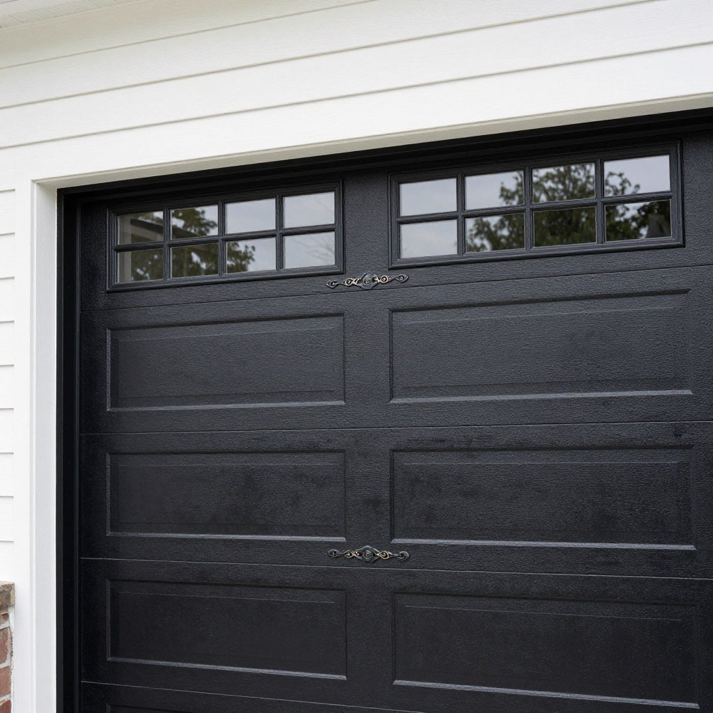 Black garage door with decorative hardware on white home