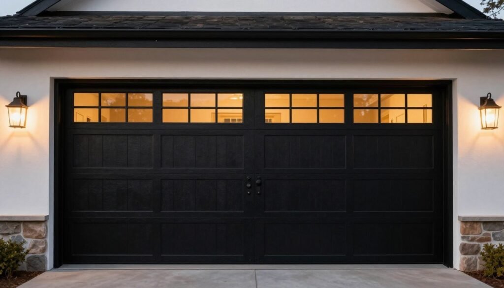 Black garage door with windows on traditional home showing versatility across architectural styles