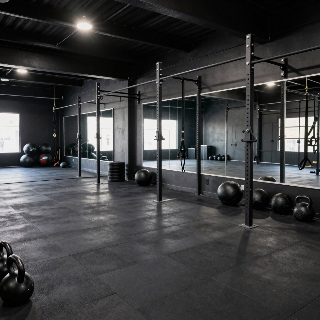 Black garage gym with functional training area and mirrors