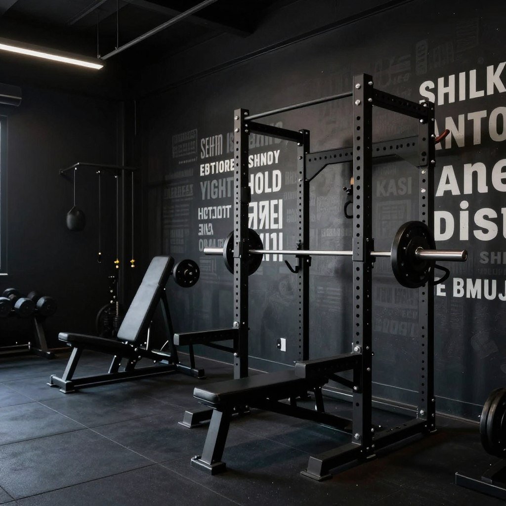 Black garage gym with motivational wall graphics