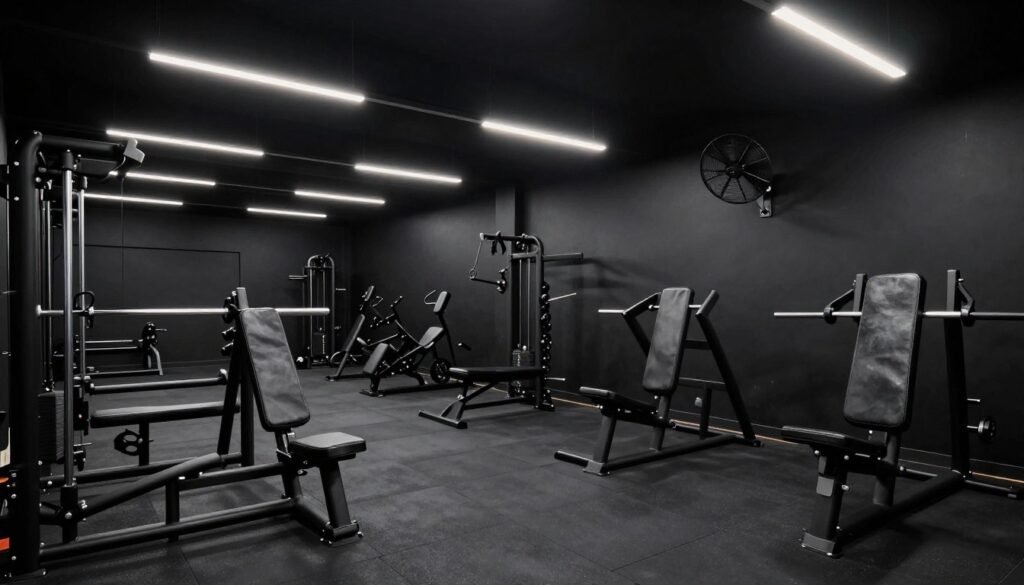 Black garage gym with strategic LED lighting and ventilation