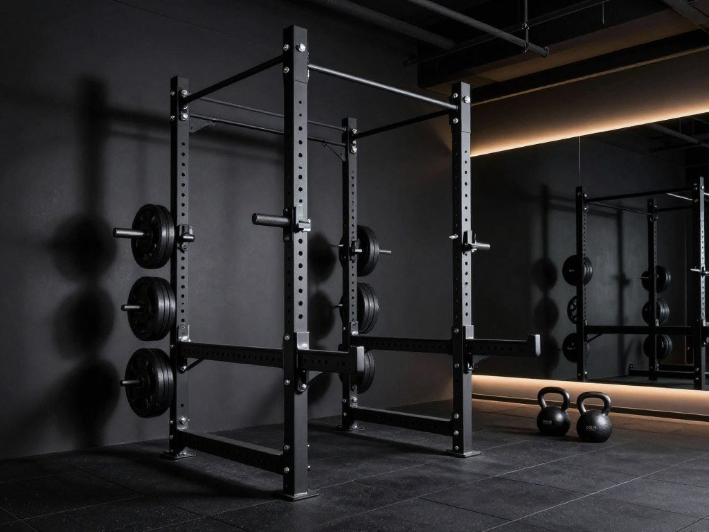 Black garage gym with strategic lighting highlighting equipment