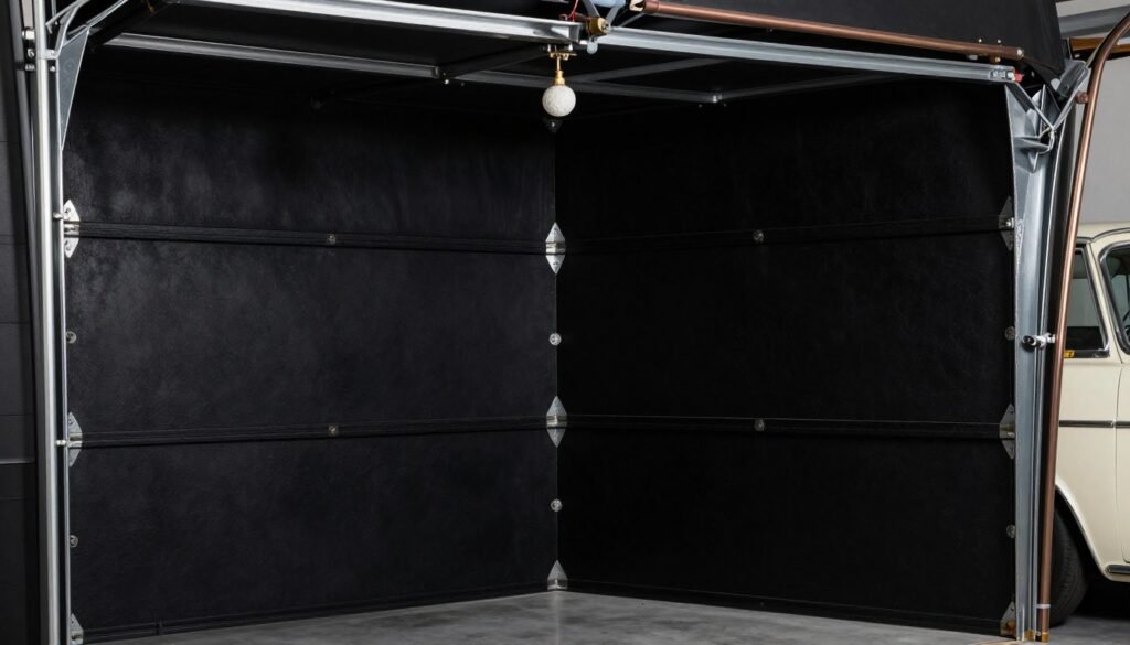 Black garage interior with metallic accents and contrasting white elements