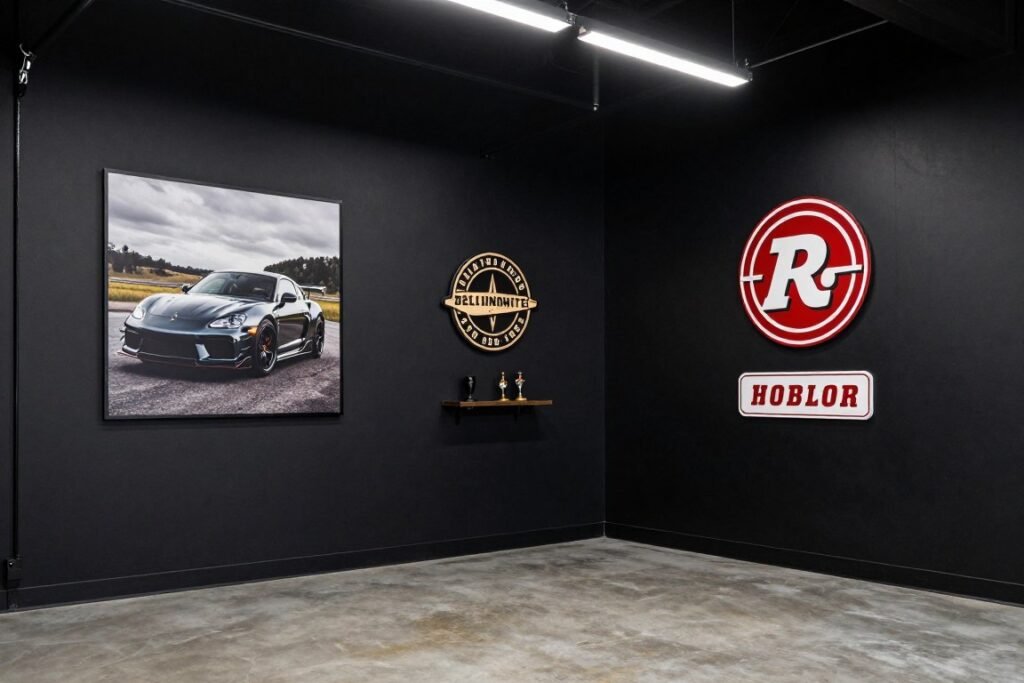 Black garage with automotive-themed wall art and decorative elements