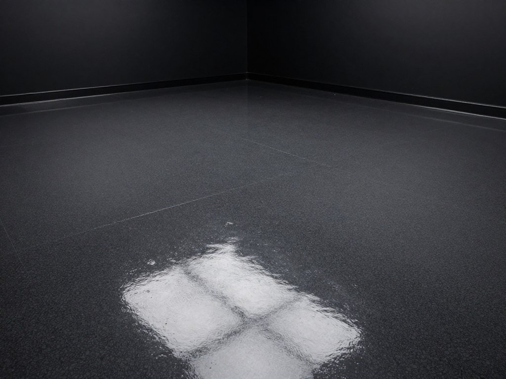 Black garage with high-gloss epoxy flooring reflecting overhead lighting