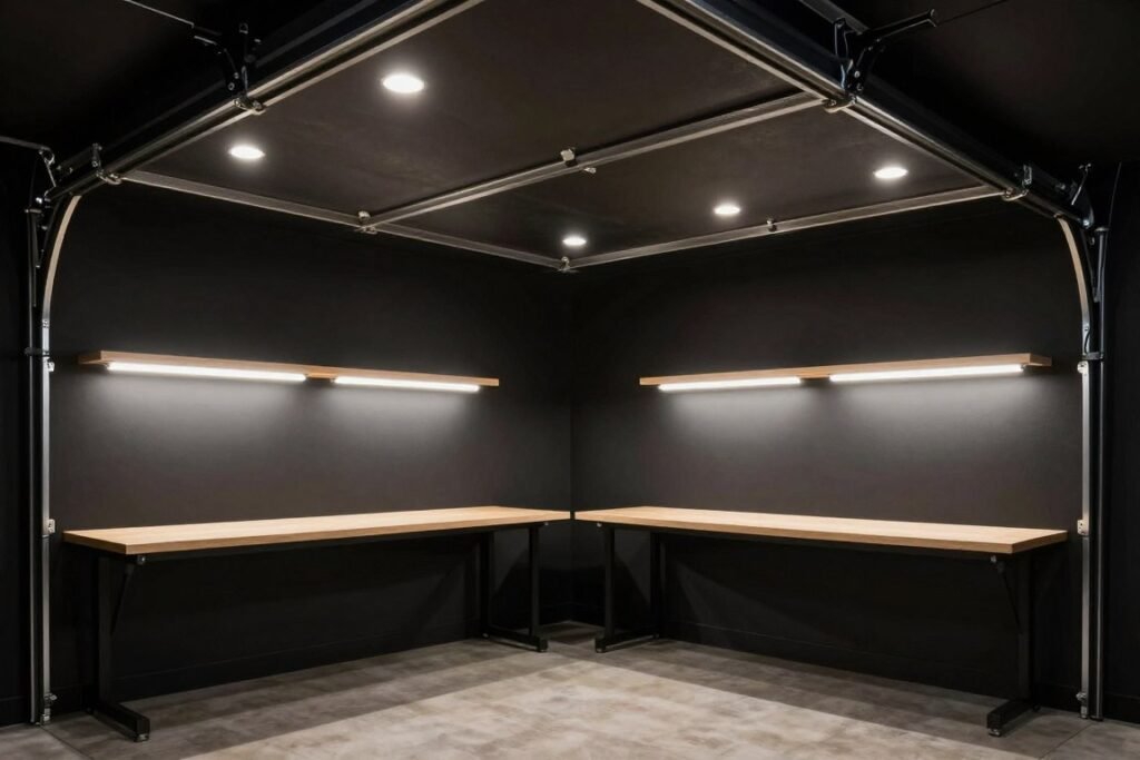 Black garage with layered lighting system showing ambient, task, and accent lights