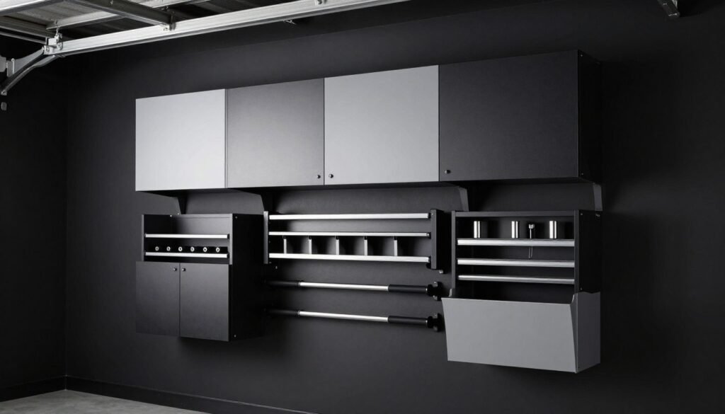 Black garage with modern wall-mounted storage system and cabinets