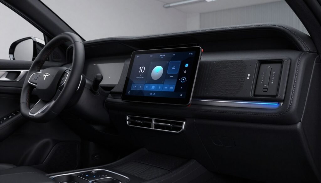 Black garage with smart home technology controlling lighting and systems