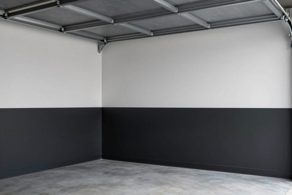 Black garage with two-tone walls showing dark lower section and light upper walls