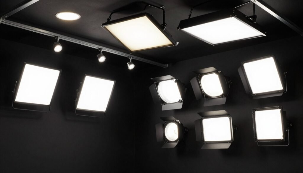 Black garage with various lighting fixtures including LED panels and accent lights