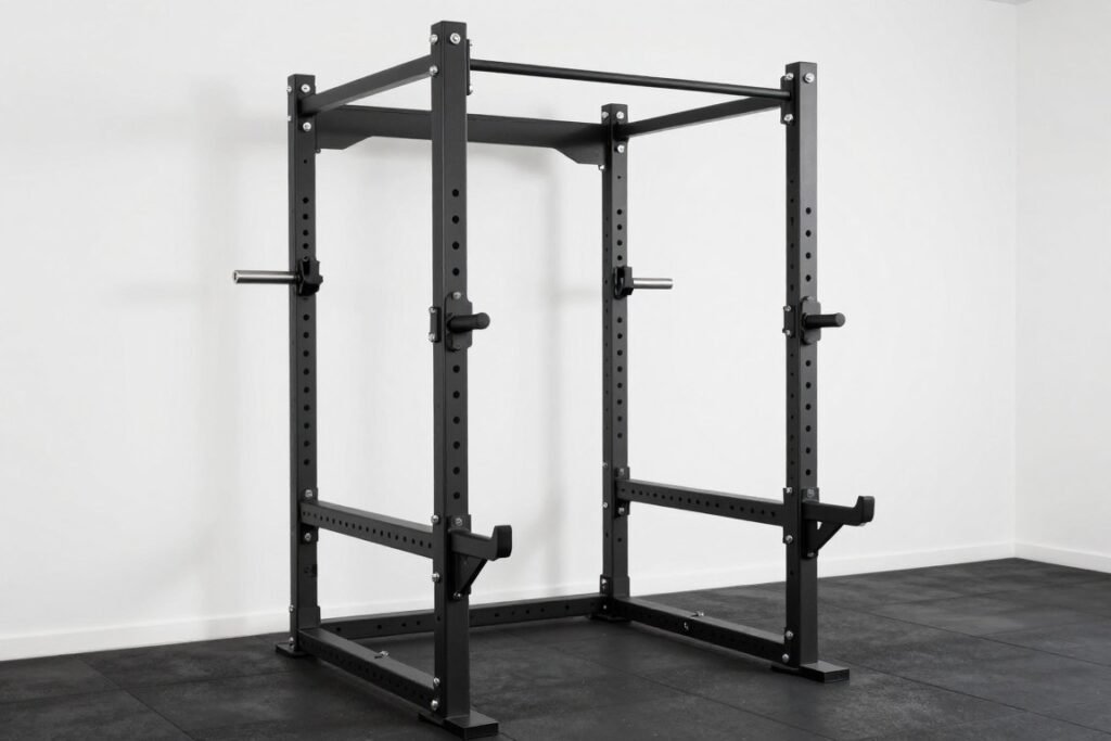 Black power rack with pull-up bar in garage gym setting