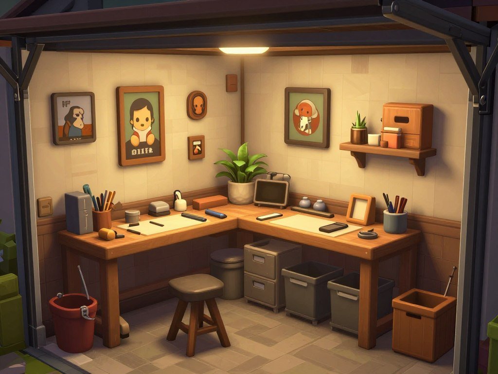 Bloxburg cozy garage workshop with personal touches, projects in progress, and comfortable workspace