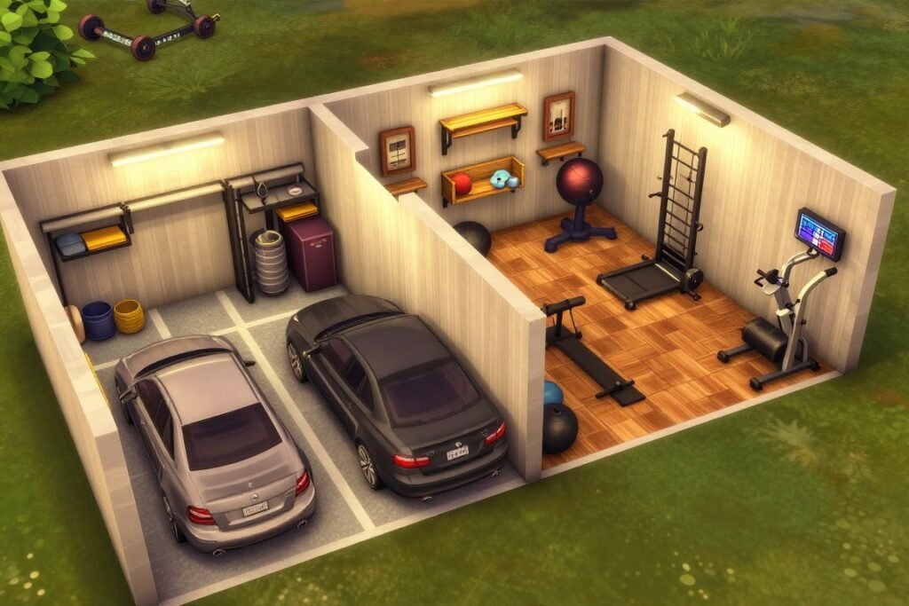Bloxburg garage with car storage and home gym area showing clear zone separation