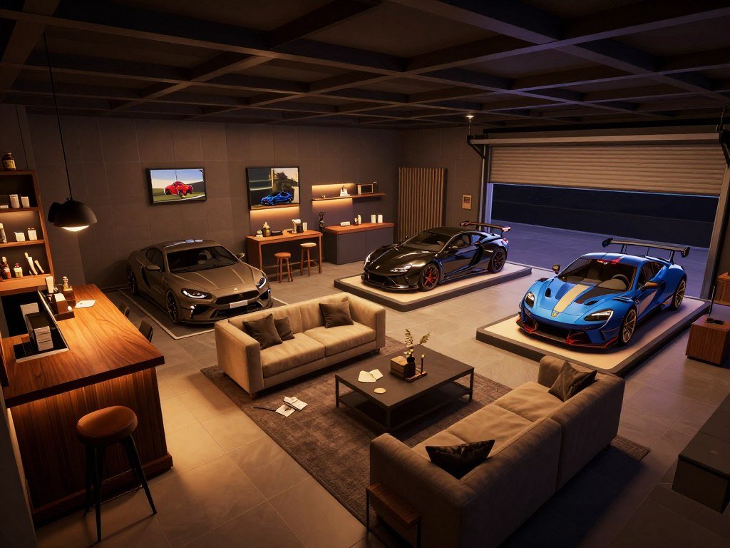 Bloxburg luxury garage interior with lounge area, vehicle displays, and premium lighting