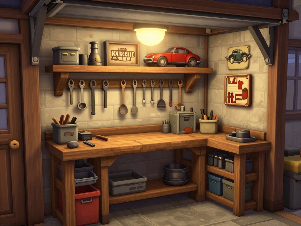 Bloxburg rustic garage workshop area with workbench, tools, and vintage decorations