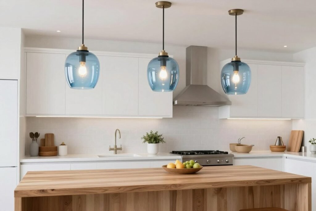 Blue glass pendant lights hanging over a kitchen island