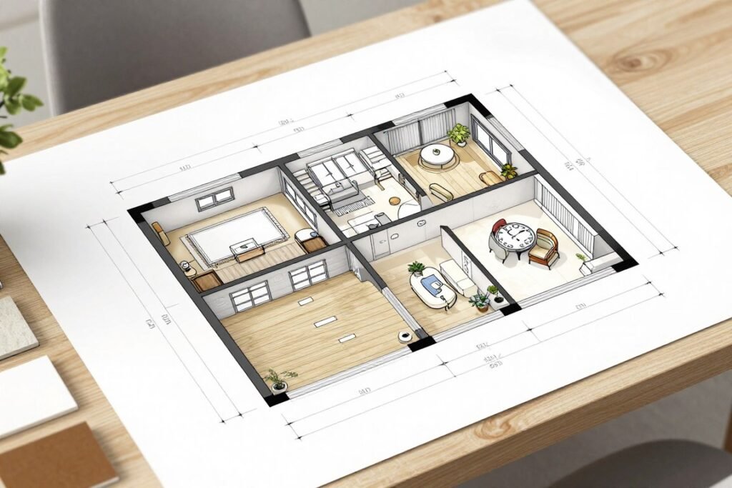 Blueprint and 3D rendering of a garage conversion plan showing layout and design elements