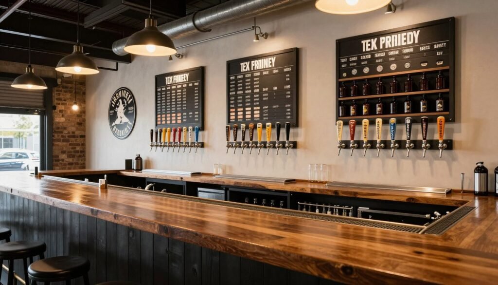 Brewery-inspired garage bar with tap system and beer flight boards
