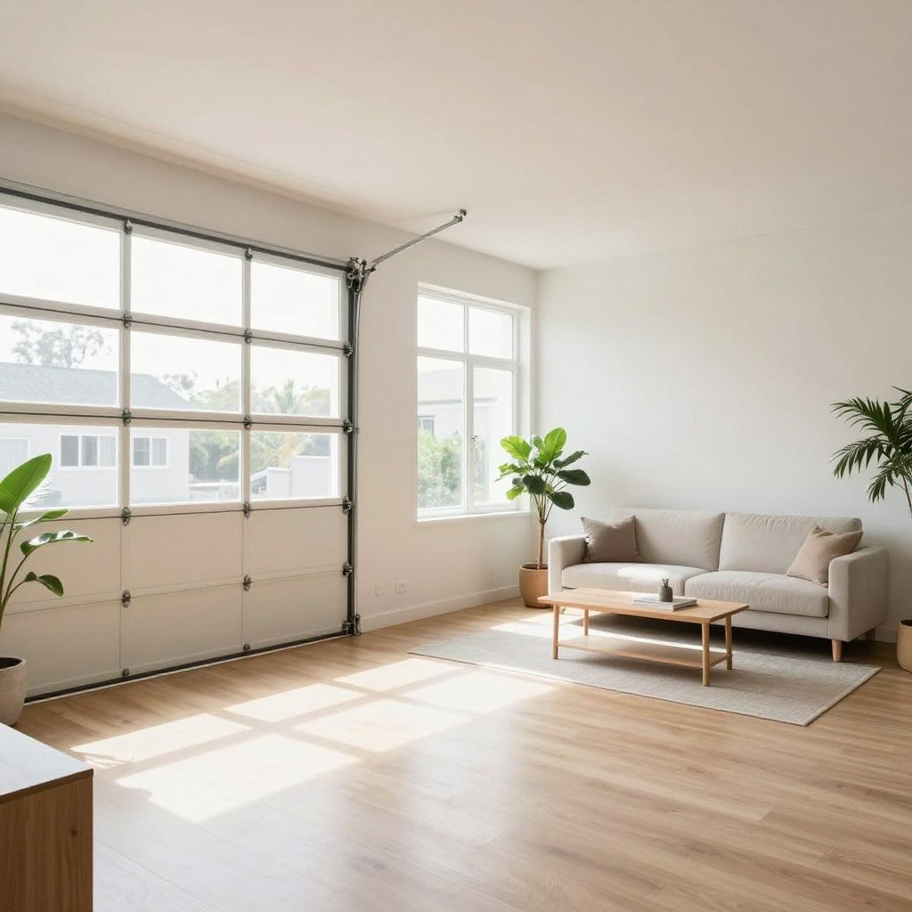 Bright, airy garage apartment interior with natural light and neutral colors