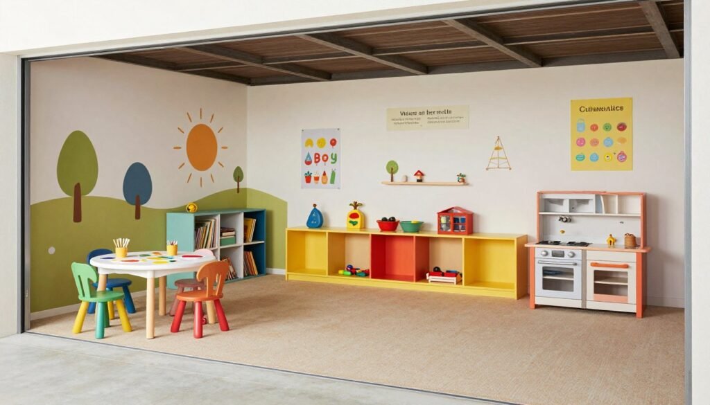 Bright and colorful garage conversion playroom with activity zones and storage solutions Bright and colorful garage conversion playroom with activity zones and storage solutions